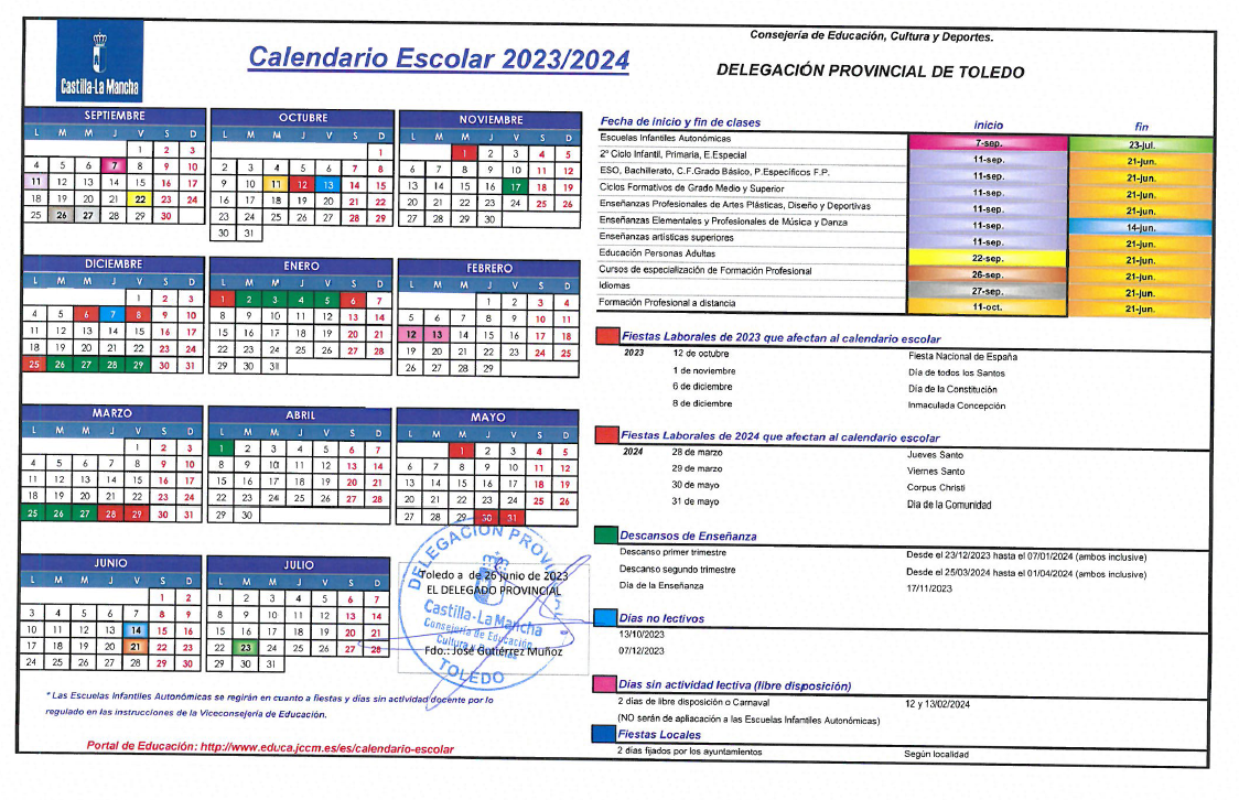 Calendario Escolar 2023/2024 IES Peñas Negras, Mora (Toledo)